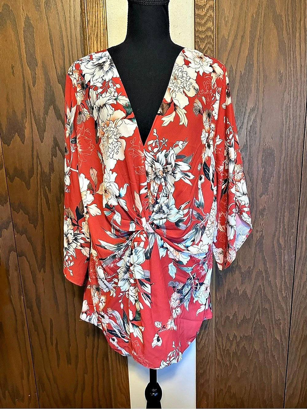 City Chic Floral Wrap Blouse in Red